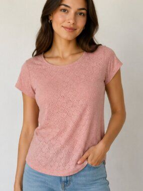 Kim & Cami Los Angeles Pink Eyelet Short Sleeve Top Size Medium